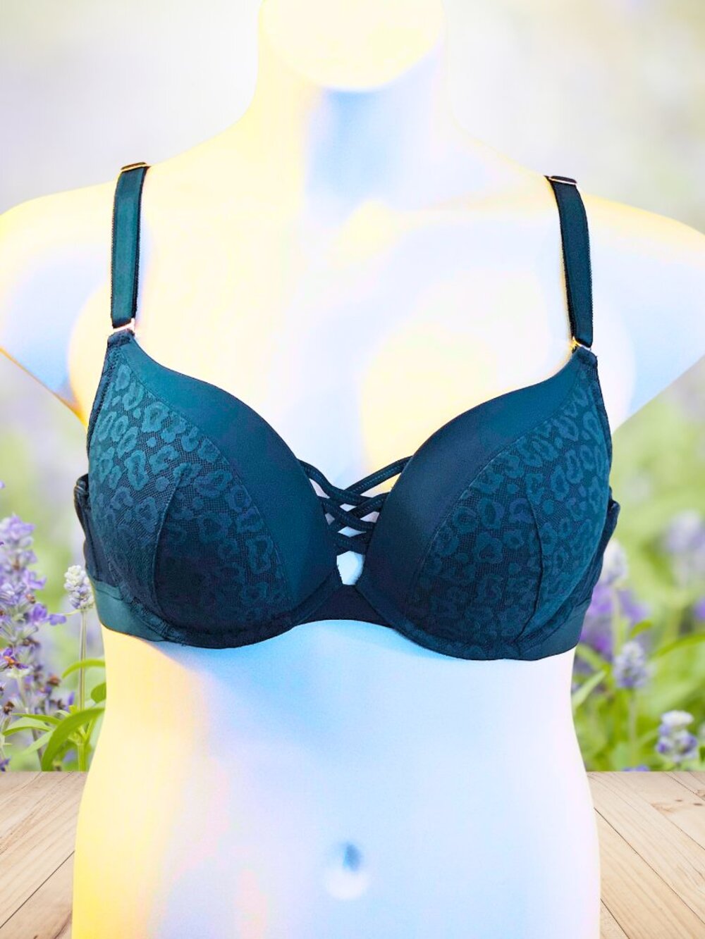 Torrid Curve 40C Navy Blue Leopard Lace Push Up Plunge Bra Strappy